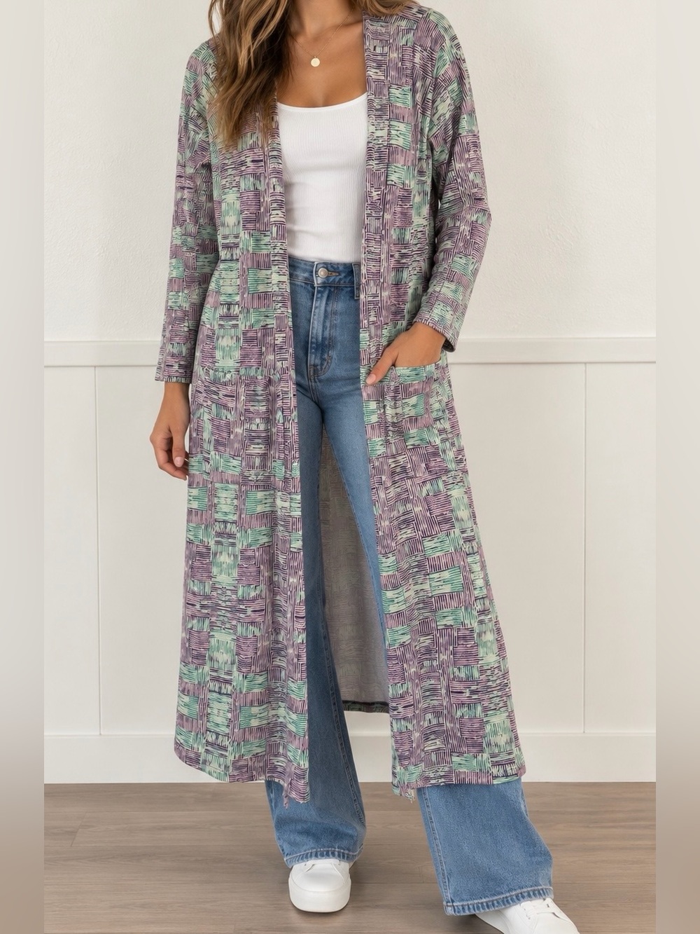 LuLaRoe Women’s M Long Duster Cardigan Kimono Geometric Print Purple Mint NWT